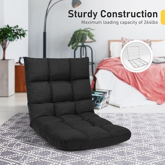 MAT EXPERT 14-Position Floor Chair Floor Gaming Chair w/Resilience Sponge Alloy Steel Frame Padded Bed Couch Recliner Floor Chair with Back Support for Reading Meditating (Dark)