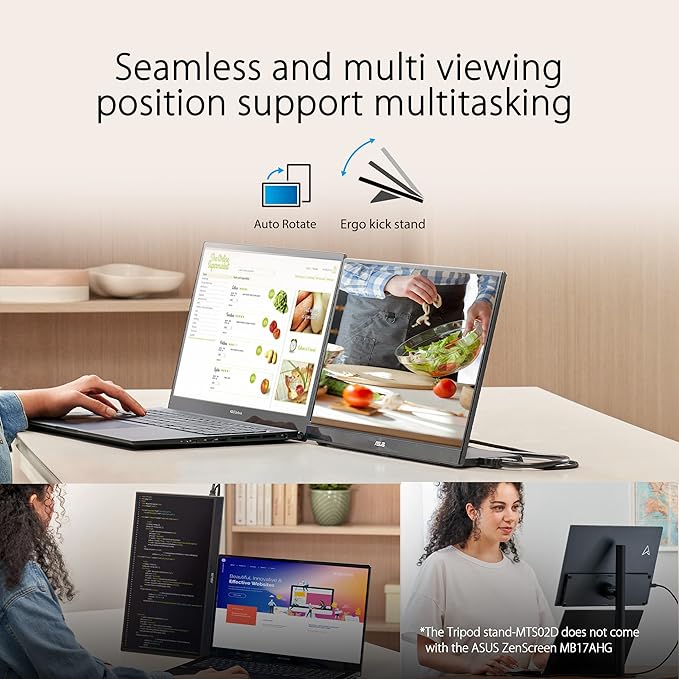 ASUS (MB17AHG ZenScreen 17” 1080P Portable USB Monitor - Full HD IPS 144Hz USB Type-C FreeSync Premium Eye Care L-Shaped Kickstand Tripod Mountable HDMI FSC Certified 3-Year WarrantyBlack