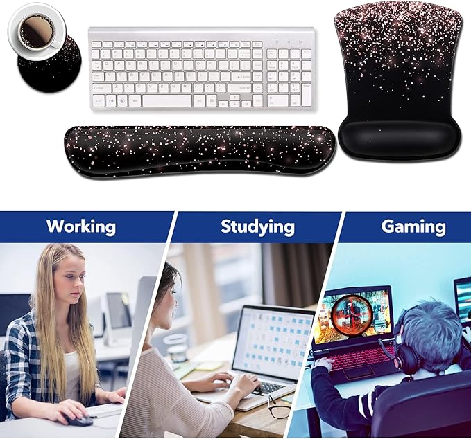 Ergonomic Gel Mouse Pad with Wrist Support Memory Foam Keyboard Wrist Rest Non-Slip PU Base for Home Office Working Studying Easy Typing &amp Pain Relief Rose Gold Glitter Black Mousepad