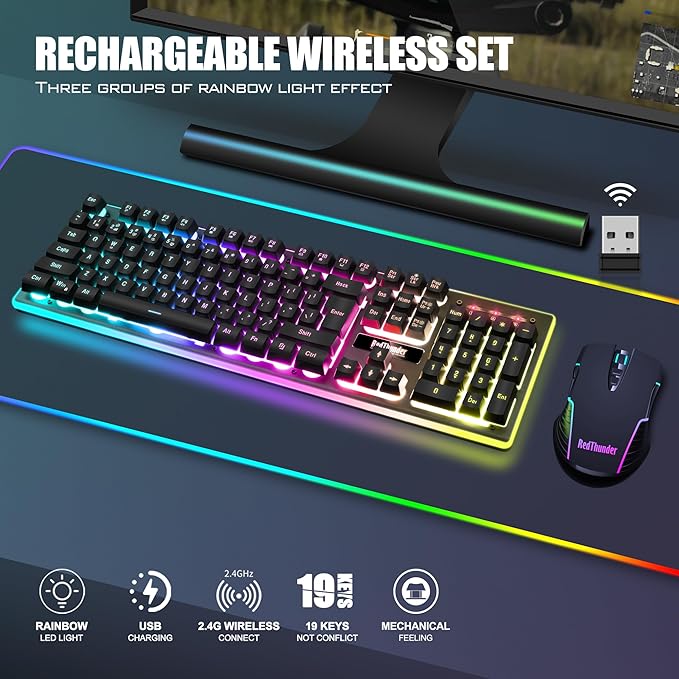 RedThunder K10 Wireless Gaming Keyboard and Mouse Combo LED Backlit Rechargeable 3800mAh Battery Mechanical Feel Anti-ghosting Keyboard + 7D 3200DPI Mice for PC Gamer (Black)