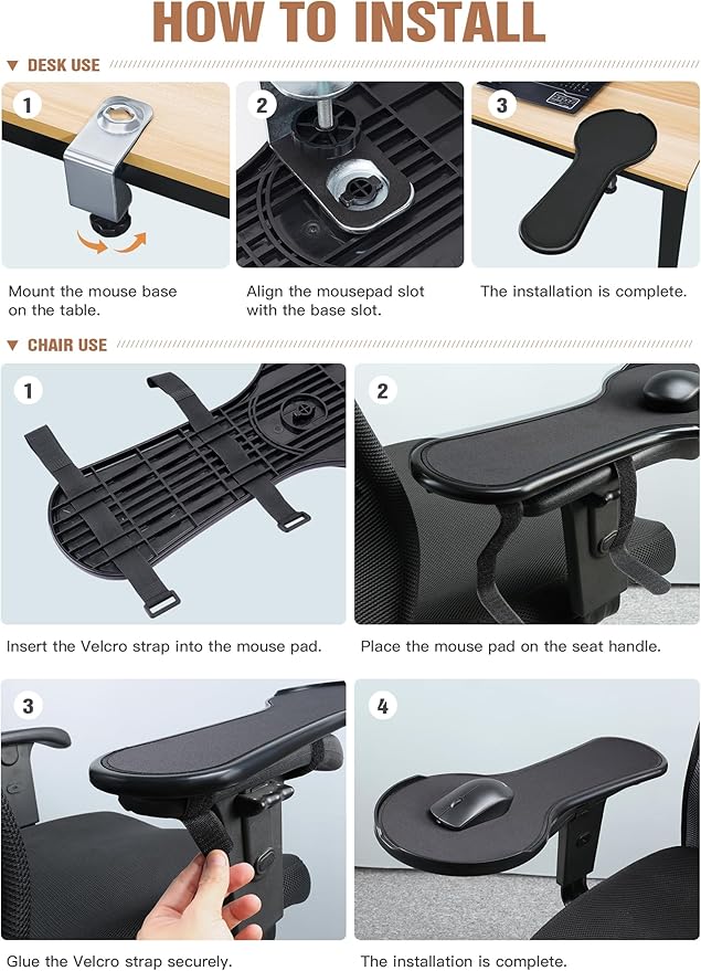 Upgrade Chair arm Mouse pad Ergonomic Arm Rest Mouse Pads for Chairs and Desk Adjustable Mouse TrayForearms Pressure Relief Computer Desk Extender Black (Black（YU8351）)