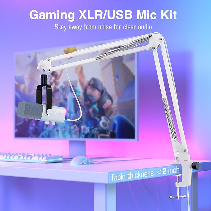 FIFINE Gaming XLR/USB Microphone Kit Streaming Dynamic Mic Set for PC Computer Mic for Vocal Podcast Recording Voiceover with Headphones Jack Gain Knob Arm Stand-AmpliGame AM8T White