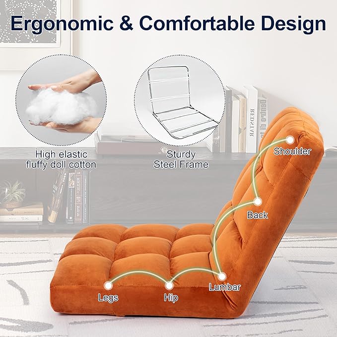 Floor Chair 24 inches Wide Oversized Velvet Armless Lay Flat Floor seat Padded Meditation Chair with 6 Adjustable Position Ergonomic Comfortable Convenient(LRSF-007-ORANGE)