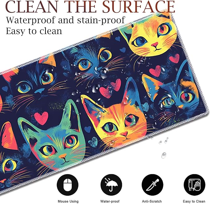 Large Gaming Table Pad 31.5 x 11.8 + Keyboard Wrist Pad + Mouse Wrist Pad + Coaster Non-Slip Base 4-in-1 Set Ergonomic Memory Foam Easy Typing Pain Relief Watercolor Cat Face