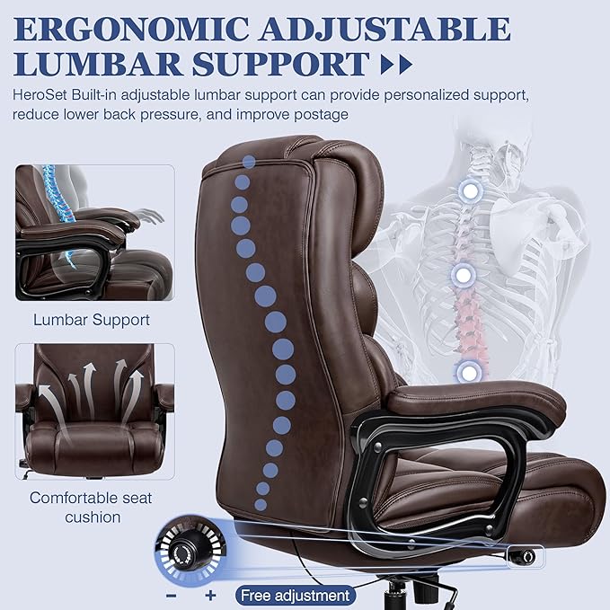 Office Chair Ergonomic Big and Tall 500lbs Computer Desk Chairs Heavy Duty Executive Breathable Leather Chair with Adjustable High Back Lumbar Support Swivel PC Chair
