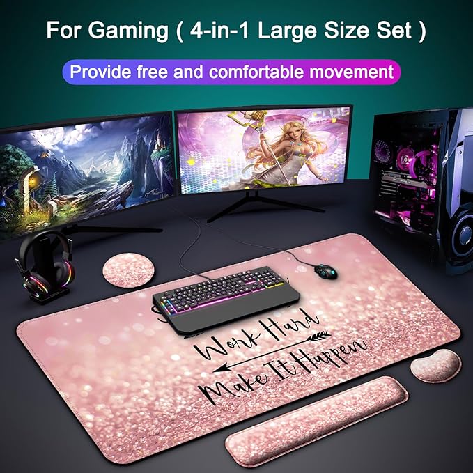 Keyboard Wrist Rest + Mouse Pad with Wrist Support + Desk Mat + Coaster 4 in 1 Set XXL Large Gaming Mousepad Cute Ergonomic Mouse Pads for Desk Computer Laptop Office Decor-Pink Words