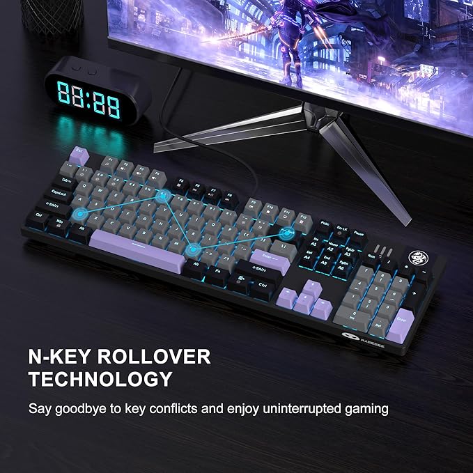 MageGee MK-Storm Mechanical Gaming Keyboard 104 Keys Wired Light Up Keyboard with Linear Red Switch Ice Blue Backlit Double-Shot Keycaps N-Key Rollover for Laptop Desktop PC (Twilight Purple)