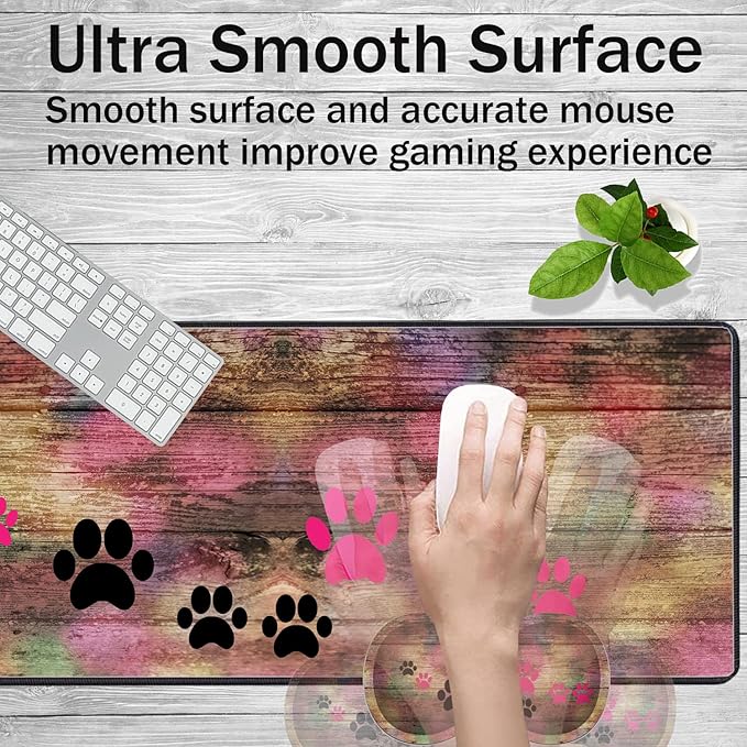 Large Game Mouse Pad + Wrist Support Pad + Coffee Coaster Rustic Rainbow Woodgrain Dog Paw Foldable Table Mat with Stitched Edge Non-Slip Set Pad Suitable for Office Work and Home