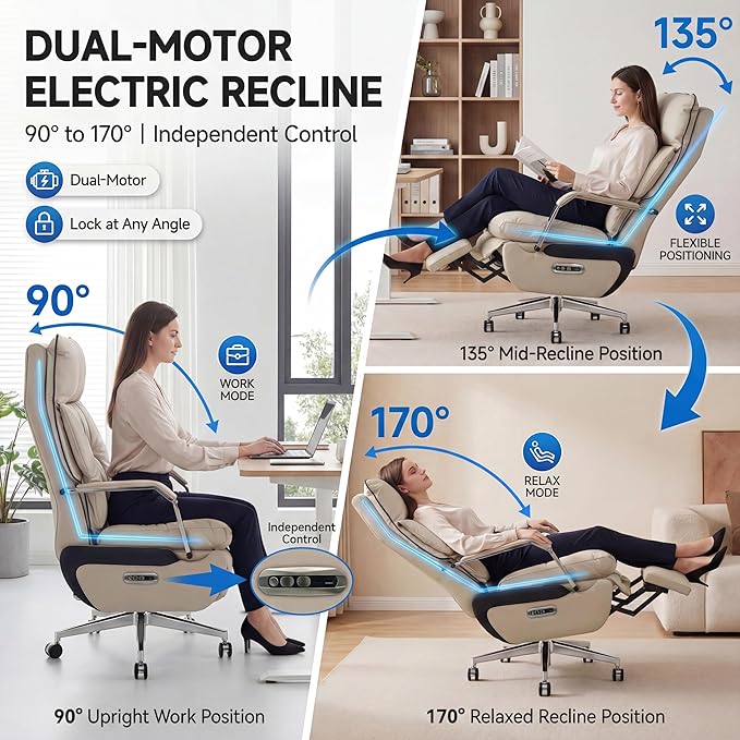 Dual Motor Executive Reclining Office Chair with Footrest – One-Click Electric Recline Massage Lumbar Support &amp Pillow Big and Tall PU Leather Ergonomic Desk Chair for Home Office/Gaming(White)