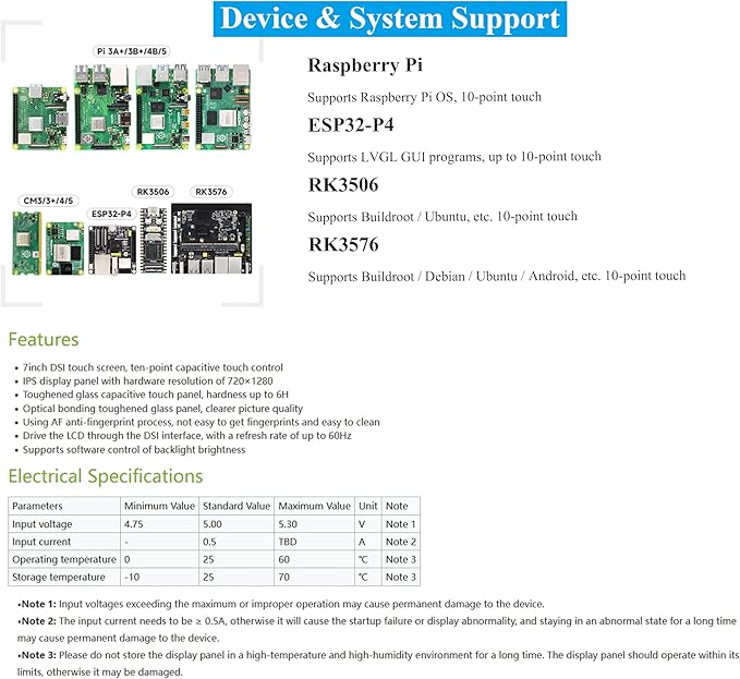 7inch DSI Capacitive Touch Screen Compatible with Raspberry Pi 5/4B/3B+/3B/RK3506-Lyra/RK3576/ESP32-P4 720×1280 IPS Display 10-Point Touch Anti-Fingerprint Process