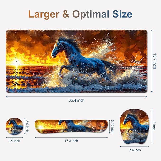 Large Mouse Pad Keyboard Wrist Rest Set Ergonomic Mouse Pad with Wrist Support Desk Mat with Stitched Edges + Coaster Extended Desk Pad Waterproof Desk Mat for Home Office Game I Running Horse