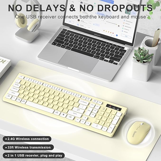 Wireless Keyboard and Mouse Combo Full-Sized Wireless Keyboard and Adjustable DPI Mouse 2.4GHz USB Receiver Keyboard and Mouse for PC Windows Desktop Laptop (Canary Yellow)