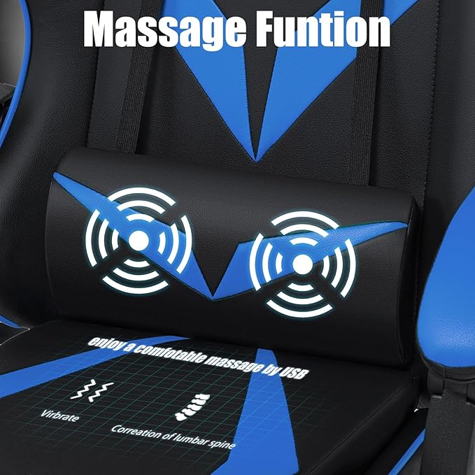 Gaming Chair with Massage Ergonomic Computer Chair with Footrest and Lumbar Support Reclining PC Game Chair for Boys with Adjustable Armrest and Headrest Blue
