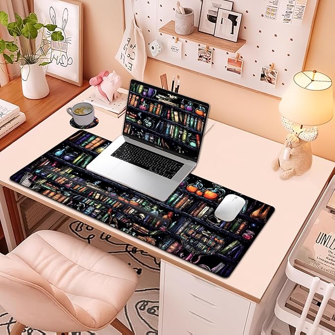 Large Mouse Pad + Keyboard Wrist Rest Set Extended Gaming Mousepad (31.5X11.8 inch) with Non-Slip Rubber Ergonomics Memory Foam Mouse Wrist Rest Support Vintage Bookshelf Painting XXL Desk Pad