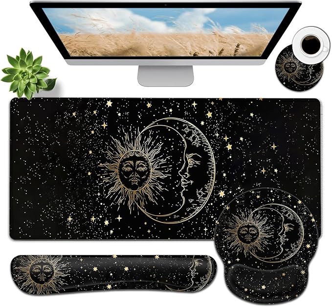 Large Mouse Pad Ergonomic Mouse Pad with Wrist Rest and Keyboard Wrist Rest 4 in 1 Set 31.5 x11.8 inch Extended Desk Pad for Home Office Funy Sun Moon Star Black Pattern XXL Black Gaming Mouse Mat