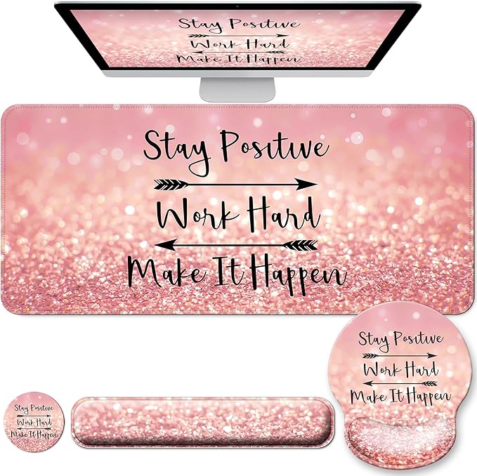 Desk Mat Set + Keyboard and Mouse Pad with Wrist Rest Support4-in-1 Large Mousepad Computer Mats for Desktop Home &amp Office-Glitter Pink