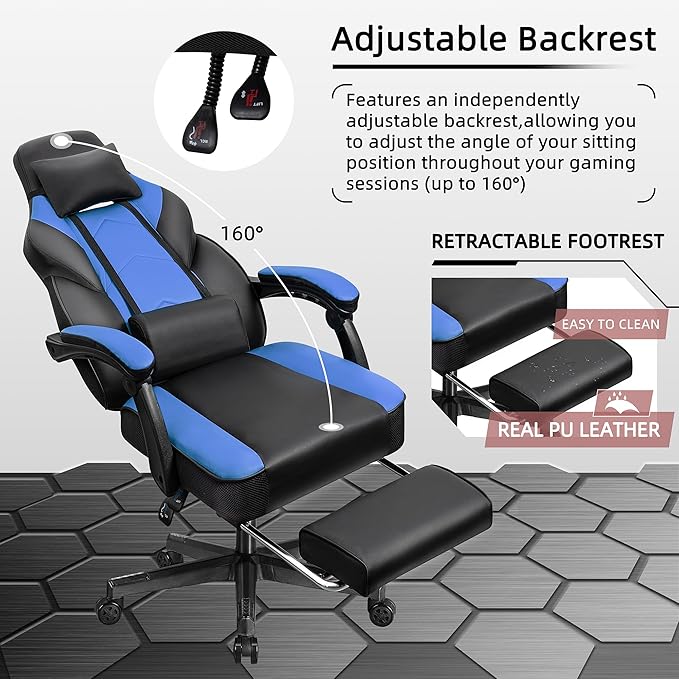 Shintenchi Gaming ChairVideo Game Chair with footrest and Massage Lumbar SupportHeight Adjustable Game Chair with 360°Swivel Seat Ergonomic Computer Chair with Headrest for Office or Gaming(Blue)