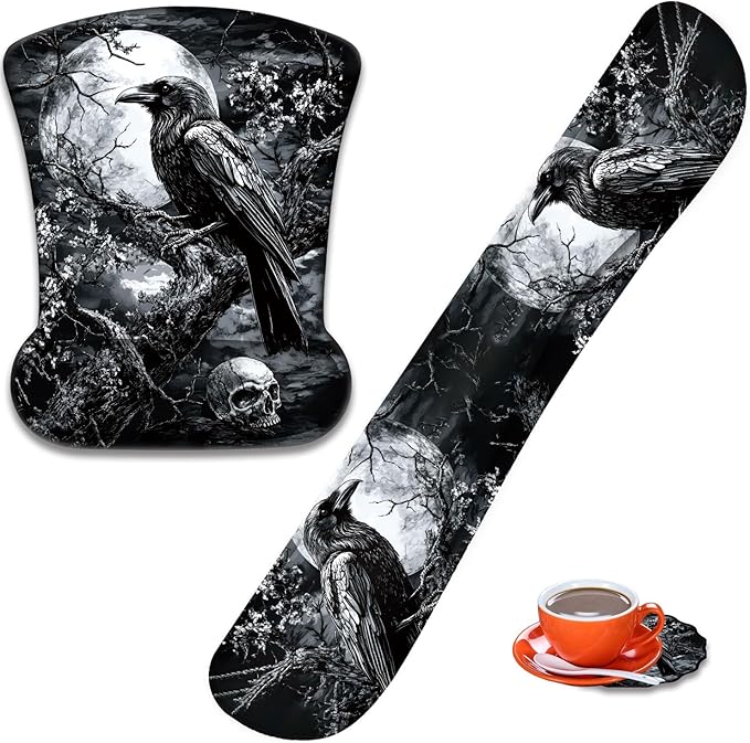 Mouse Wrist Rest and Keyboard Wrist Rest Pad+ Coaster Set Non-Slip Rubber Base Smooth Surface Ergonomic Gaming Mouse Pad for Easy Typing and Pain Relief Crow Skull