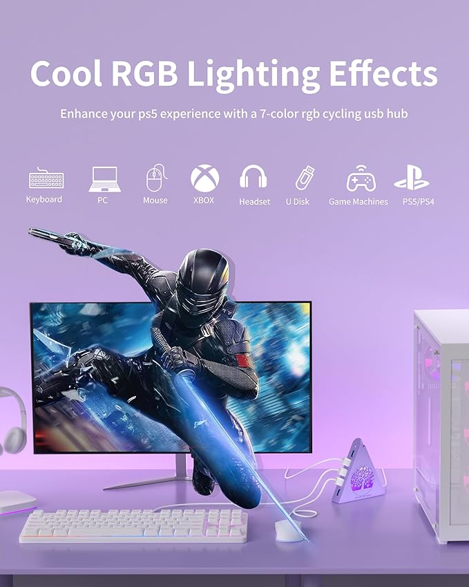 7-Port USB 3.0 Hub Light Purple Vertical USB Splitter with Tree-Inspired RGB Lights 5Gbps High-Speed Transfer 2FT Cable Compatible with MacBook PC Flash Drive Console Printer Camera