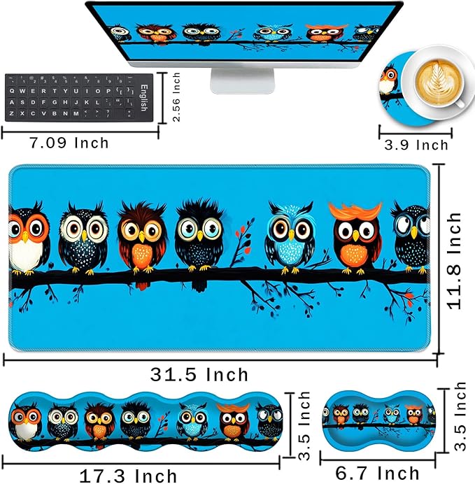 Keyboard Wrist Rest and Mouse Pad with Wrist Support Set Ergonomic CoasterMemory FoamEasy Typing Pain ReliefLarge XL Desk Mat 31.5x 11.8Cute Owls on a Branch
