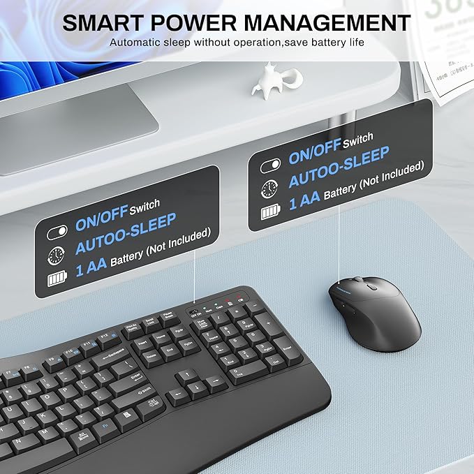 Wireless Keyboard and Mouse Combo2.4G Full Size Wave Keys Ergonomic Keyboard with Wrist Rest for Natural Typing 3 DPI Adjustable Ergonomic Silent Mouse for Computer/Laptop/Windows/Mac (Gray)
