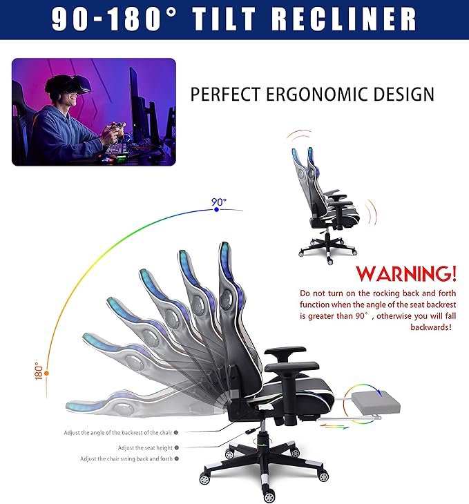TBQATNTS Gaming Chair with Massage and SpeakersErgonomic Video Gaming Chair with Footrest and Lumbar SupportRGB Racing Gaming Chair Computer Chair for Adults and Teens 400lb.White