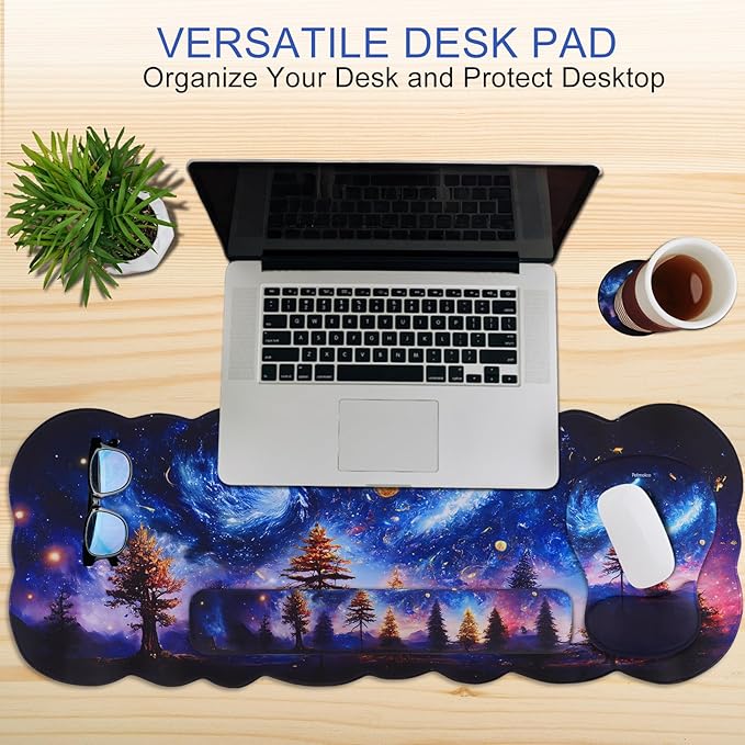Petmolico Wrist Rest Set with Computer Keyboard Desk PadMouse Wrist RestKeyboard Typing Wrist Pad and Cup CoastersErgonomic Design for Typing Pain Relief [Blue Aurora Night Sky]