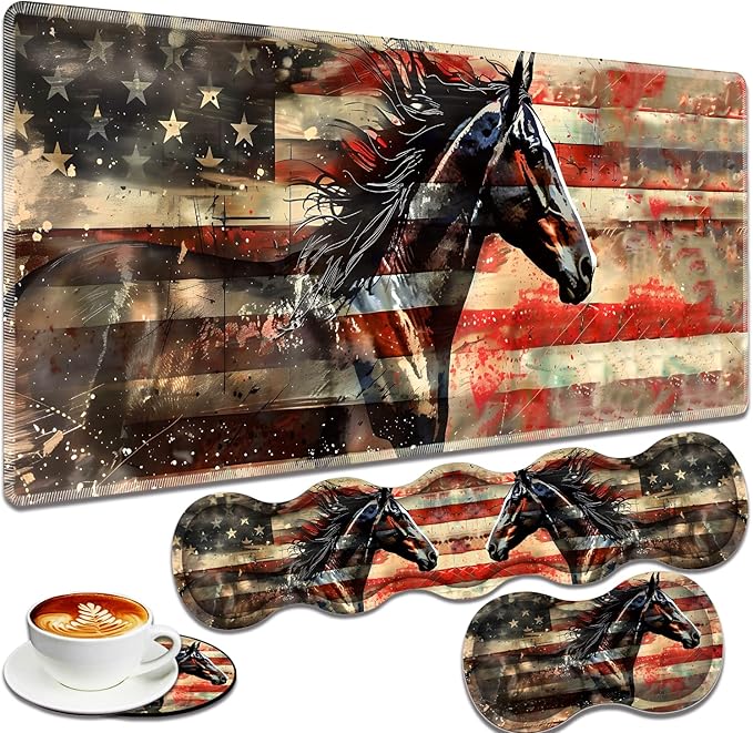 Large Gaming Mouse Pad + Keyboard Wrist Rest + Wrist Support + Coaster Set Memory Foam Ergonomic for Easy Typing XXL Extended Gaming Mouse Pad Table Pad - Flag Horse American