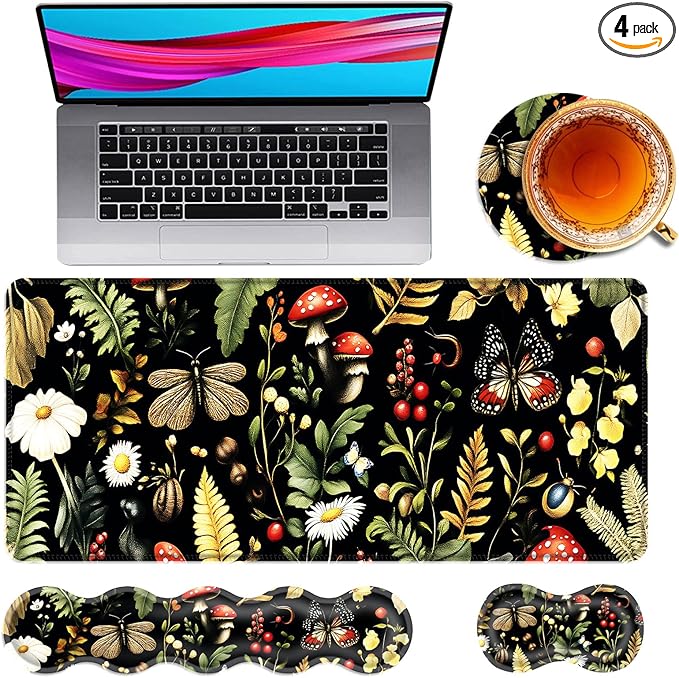 Large Mouse Pad and Keyboard Wrist Rest Desk Pad for Keyboard and Mouse 4-in-1 Large Gaming Mouse Pad with Wrist Support Desk Mat for Home Office Study GameMushroom Butterfly Flower