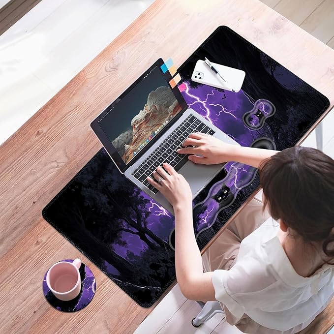 Mouse PadLarge Desk Mat Set 4in1 XL Mousepad + Keyboard Wrist Rest+Mouse Wrist Rest+Coaster with Ergonomic Desk Pad for Home Office Table Computer Cover -Cat in Purple Lightning Storm