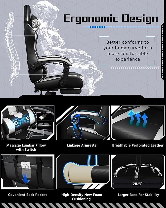 Yaheetech Gaming Chair Video Game Chair with Massage Lumbar Support and Footrest Height Adjustable Ergonomic Computer Gaming Chair with Swivel Seat and Headrest Black/White