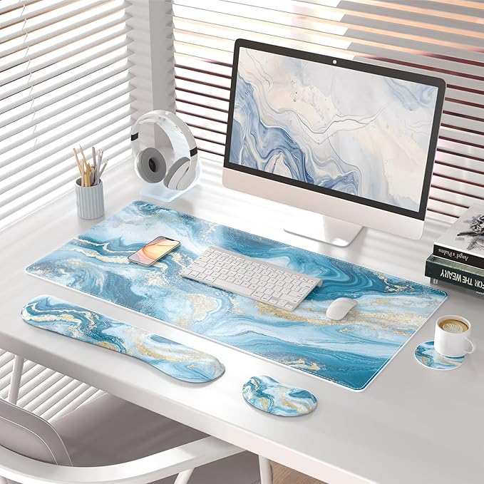 QiyI Leather Desk Mat Set 4-in-1 Large Mouse Pad with Wrist Rest Non-Slip Desk Pad + Keyboard Wrist Rest + Mouse Wrist Support + Coaster Office Desk Accessories Home Decor Supplies Blue Fluid Art