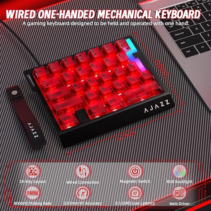 A.JAZZ AK029 Wired 29 Keys One-Handed RGB Gaming Keyboard with 8000HZ0.01mm RT Magnetic Switches Adjustable ActuationHotswappable Mechanical KeyboardAluminum PlateWeb Driver for Gamers-Red