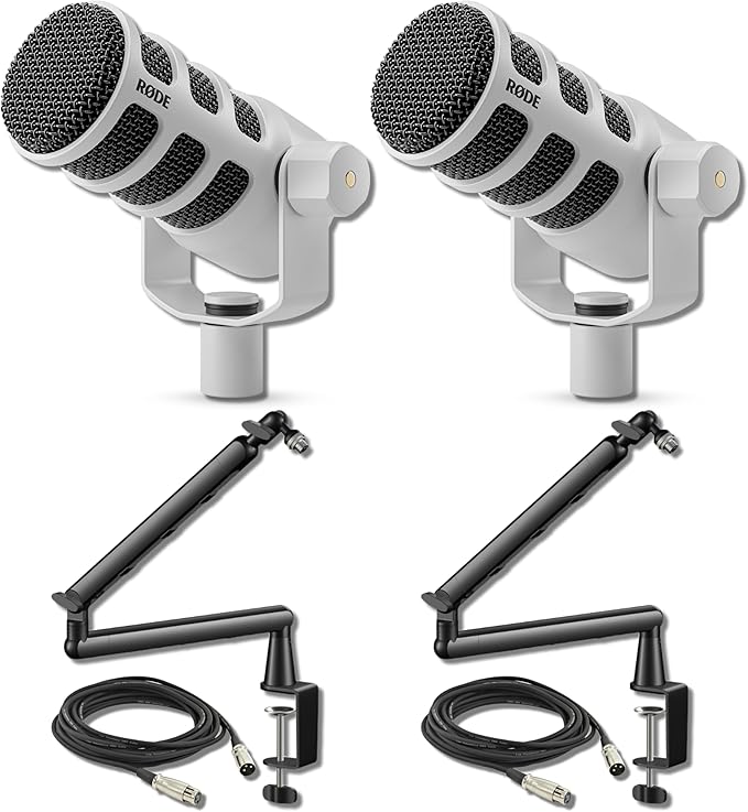Rode PodMic White (Pair) Cardioid Dynamic Broadcast Microphones with 2X Low Profile Mic Boom Arms and 2X XLR Cables