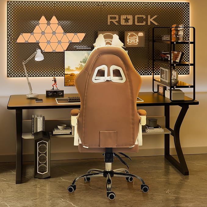 ALEAVIC Gaming Chair with Cat Paw Lumbar Cushion and Cat Ears Reclining PC Game Computer Chairs Ergonomic Gamer Chair for Kids Girls Teens (Brown)