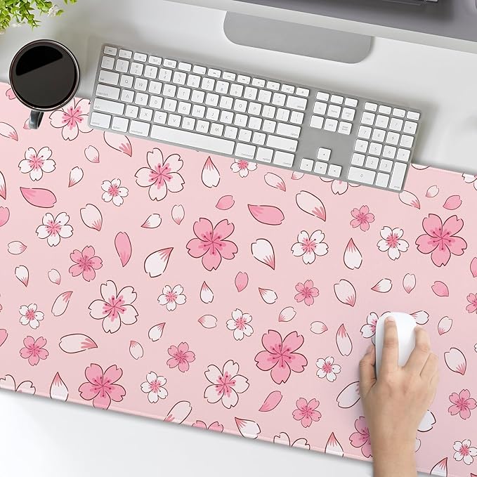 Pink Cherry Blossom Gaming Mouse Pad Extended 3XL Cute Anime Aesthetics Floral Kawaii Flower Large Mousepad Non-Slip Rubber Base Stitched Edge Long Keyboard Desk Mat for Computer47.2x23.6 In120x60cm