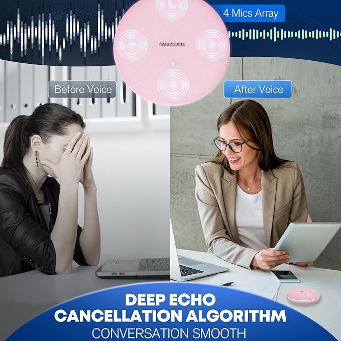 M4 Bluetooth Speakerphone Conference Speaker and Microphone with AI Noise Reduction GPT Transcription Speakers for Computer Desktop 360° Voice Pickup at Home Office for Teams/Zoom Pink