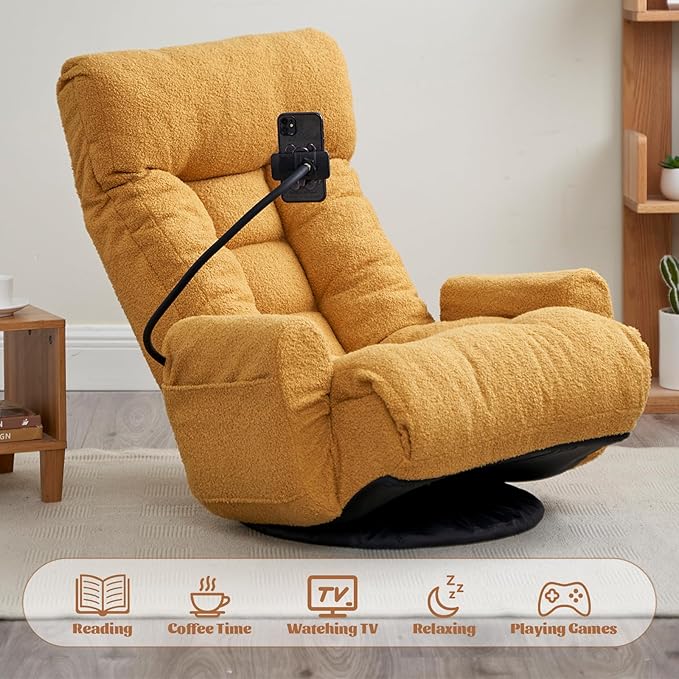 360° Swivel Floor Gaming Chair Teddy Folding Lounge Chair Sofa Chair with Adjustable Head and Waist Armrests &amp Phone Holder Padded Cushion Leisure Chairs for Living Room Bedroom (Yellow)