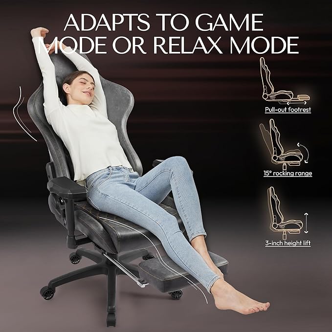 Dowinx Gaming Chair Big and Tall Video Game Chairs with Footrest PC Gamer Chairs for Adults - Padded High Back Ergonomic Reclining Silla Gamer 4D Armrest 400LBS Grey