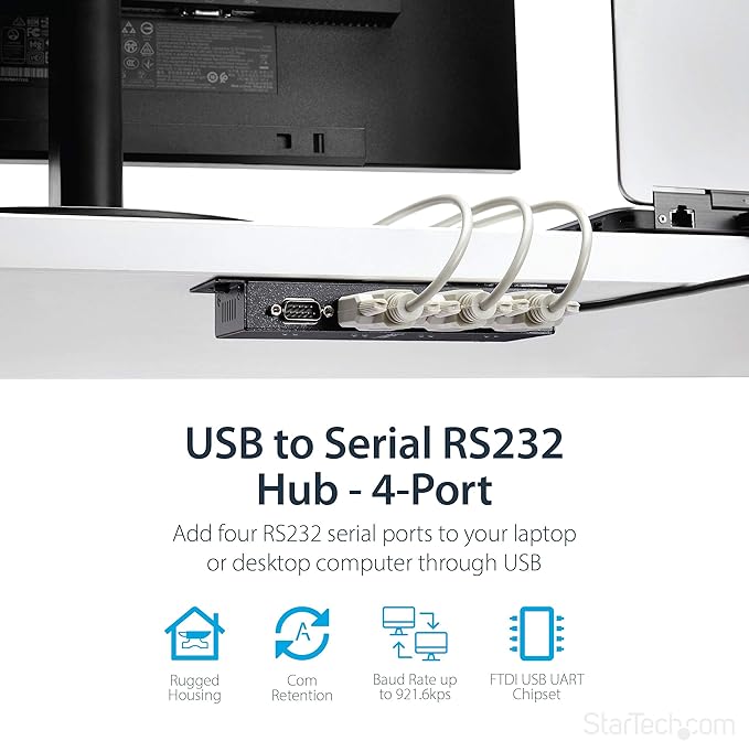 StarTech 4 Port USB to Serial RS232 Adapter - Wall Mount - Din Rail - COM Port Retention - FTDI USB to DB9 RS232 Hub TAA (ICUSB2324I)