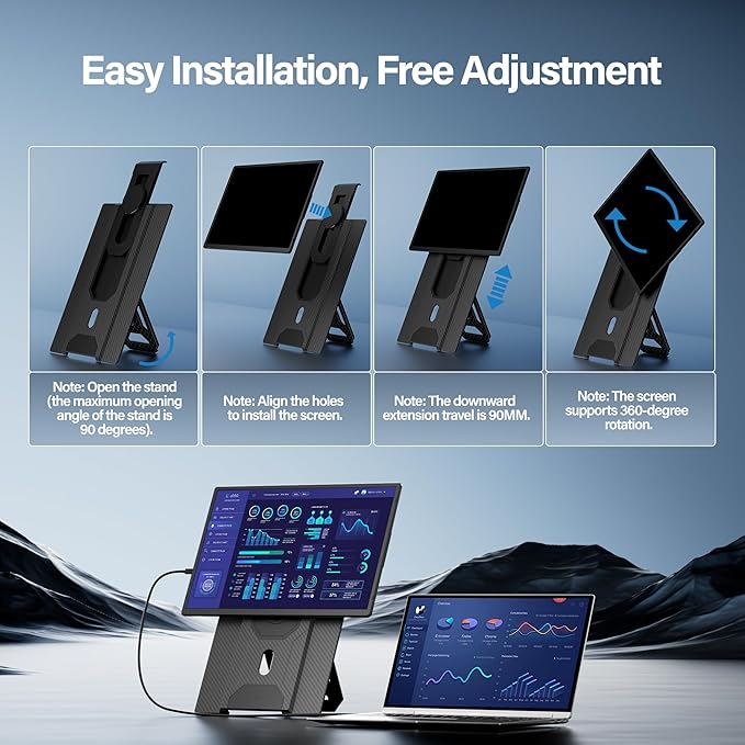 Laptop Screen Extender 16.1 1920 * 1200 Portable Monitor with Detachable Frameless Display- 360° Rotatable Magnetic Stand Dual Screen Plug &amp Play Extra Monitor for Windows/Mac/Linux/Android