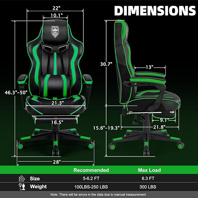 Vonesse Gaming Chair with Footrest Big and Tall Gamer Chair with Massage Reclining Computer Gaming Chair for Adults Ergonomic Game Chair for Teens High Back Video Game Chairs(Green/Black)