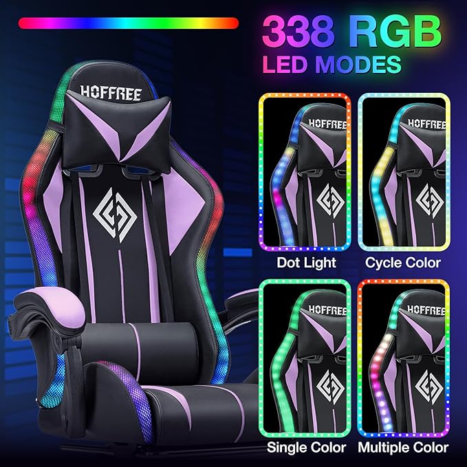 HOFFREE Gaming Chair with LED RGB Lights and Massage Ergonomic Computer Chair with Footrest High Back Video Game Chair with Adjustable Lumbar Support Linkage Armrest Purple and Black