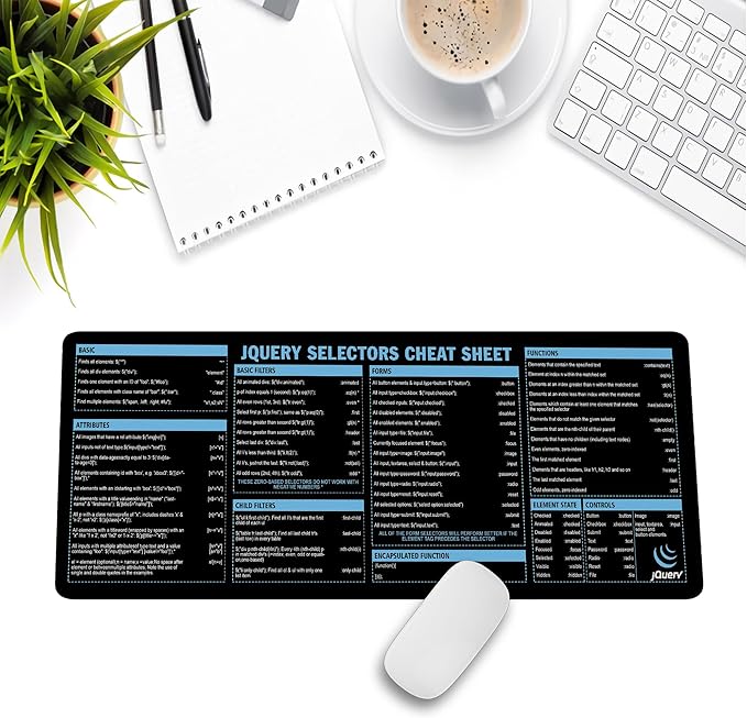 jQuery Selectors Cheat Sheet Mouse Mat KMH Mouse Pad for Web Developers JavaScript Learners Coder Computer jQuery Large Desk Mat Essential Computer Accessories for Study Work and Reference Purposes