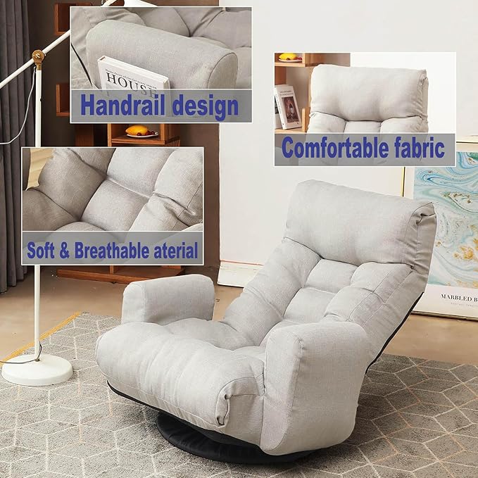 360° Swivel Gaming Floor Chair Linen Folding Lounge Chair 14 Position Adjustable Folding Sofa Chair with Armrests Cushion Padded Indoor Chaise Lounge Rocker for Teens &amp Adults (Linen Gray)