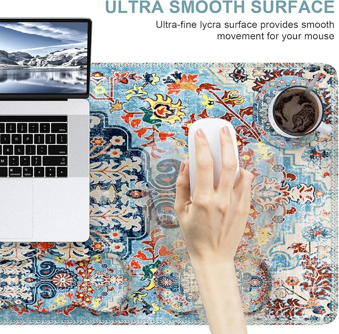 iLeadon Mouse Pad Set Desk Mat + Mouse Pad with Wrist Rest + Keyboard Wrist Rest + Coaster 4in1 Large Gaming Mouse Pad Set for Home Office Retro Boho Floral Blue