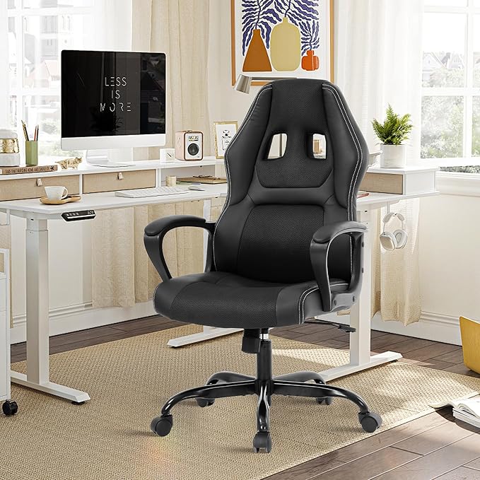 MKDLUFEI Video Game ChairErgonomic Office Chair Desk Chair and Lumbar Support PU Leather Recliner with HeadrestHeight Adjustable Computer Chair for Adults (Black)