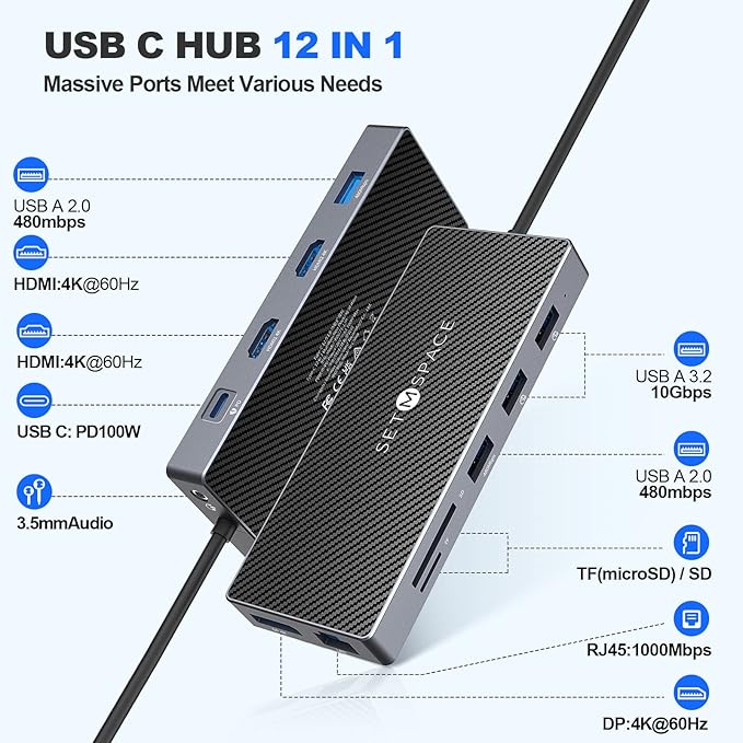 SETMSPCE Docking Station(Three Monitors) DP 4K@60Hz 2*HDM 4k@60HzPD100W 2*USB-A 10Gbps PD100W RJ45 1000Mbps 2*USB-A 2.0 SD/TF Audio Docking Station for USB-C Devices' Data Transmission