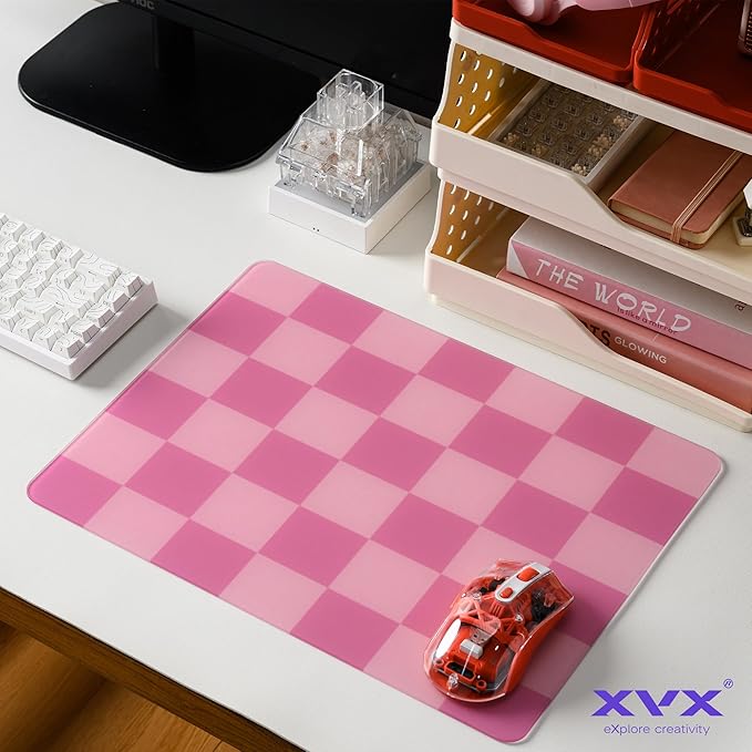 Pink Checkerboard Tempered Glass Gaming Mouse Pad Large Hard Mouse Mat 410mm×310mm Ultra-Smooth Glass Surface for Speed &amp Precision Control