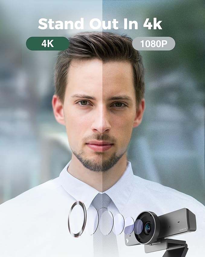 4K Webcam with AI Tracking 120° FOV Wide Angle Auto Framing 90fps 8X Digital Zoom Dual Noise-canceling Mics Video Conference Room Camera Physical Privacy Cover Zoom Certified Works for Teams